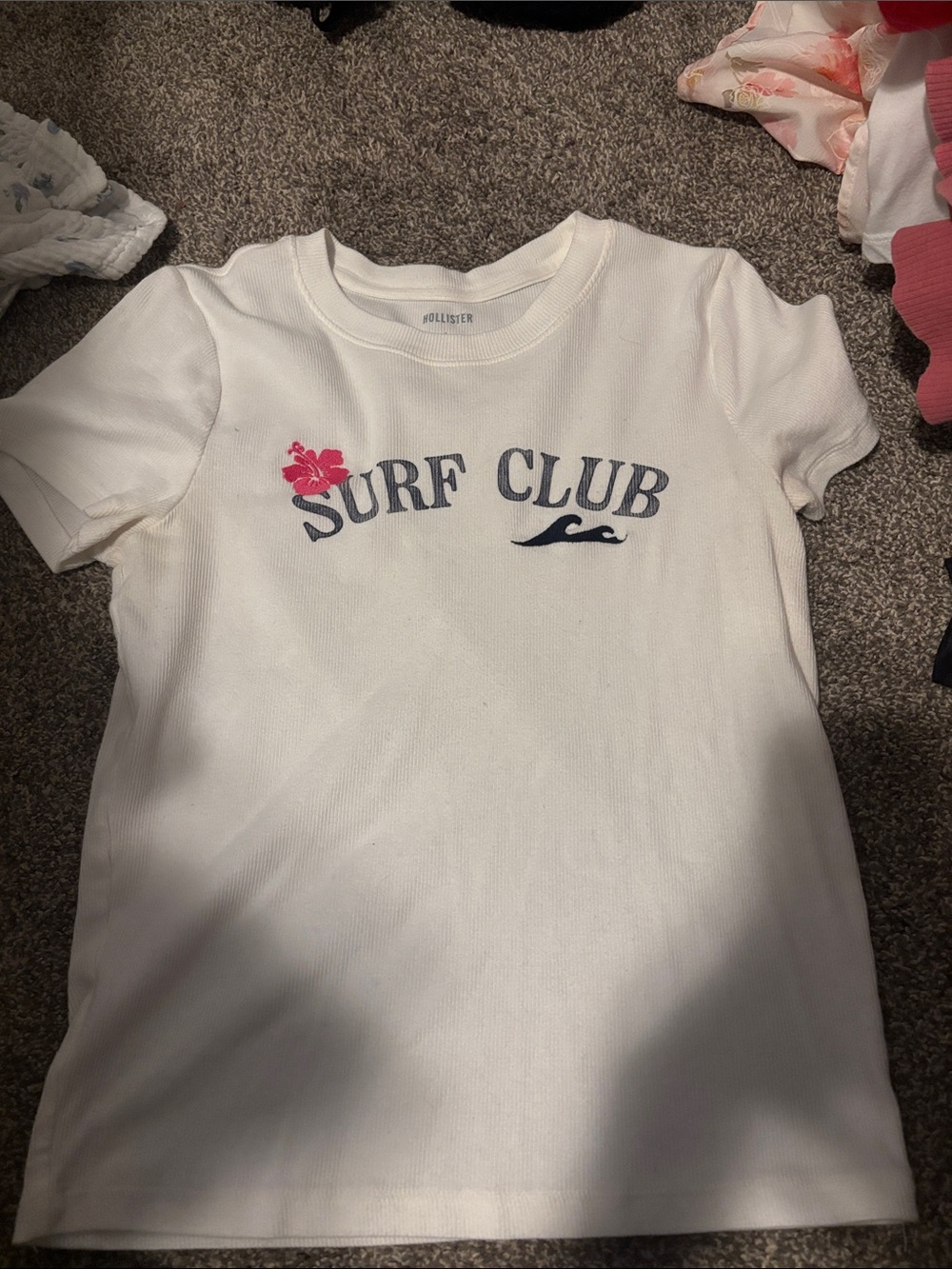 Hollister White 'Surf Club' Graphic Tee with Pink Hibiscus